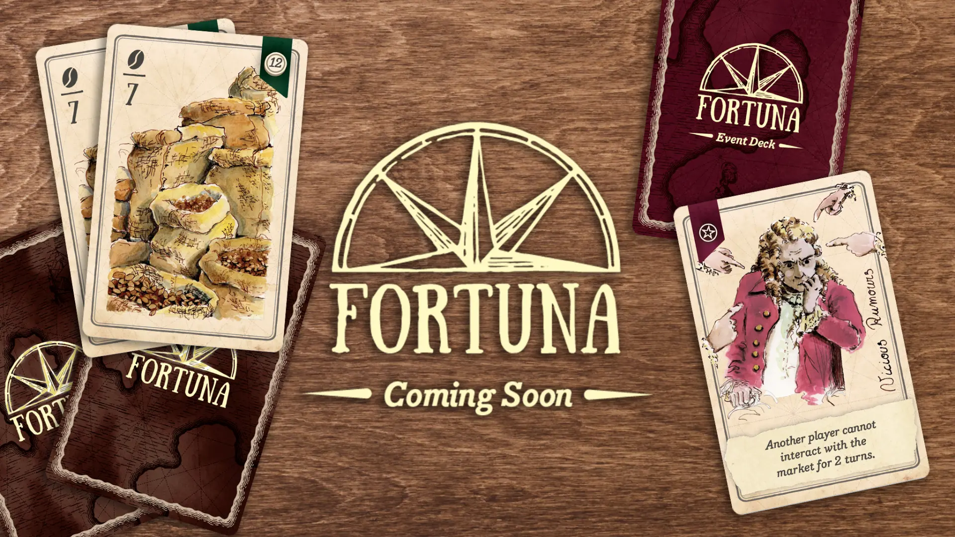 Fortuna — hand-drawn watercolour cards on a wooden table, coming soon