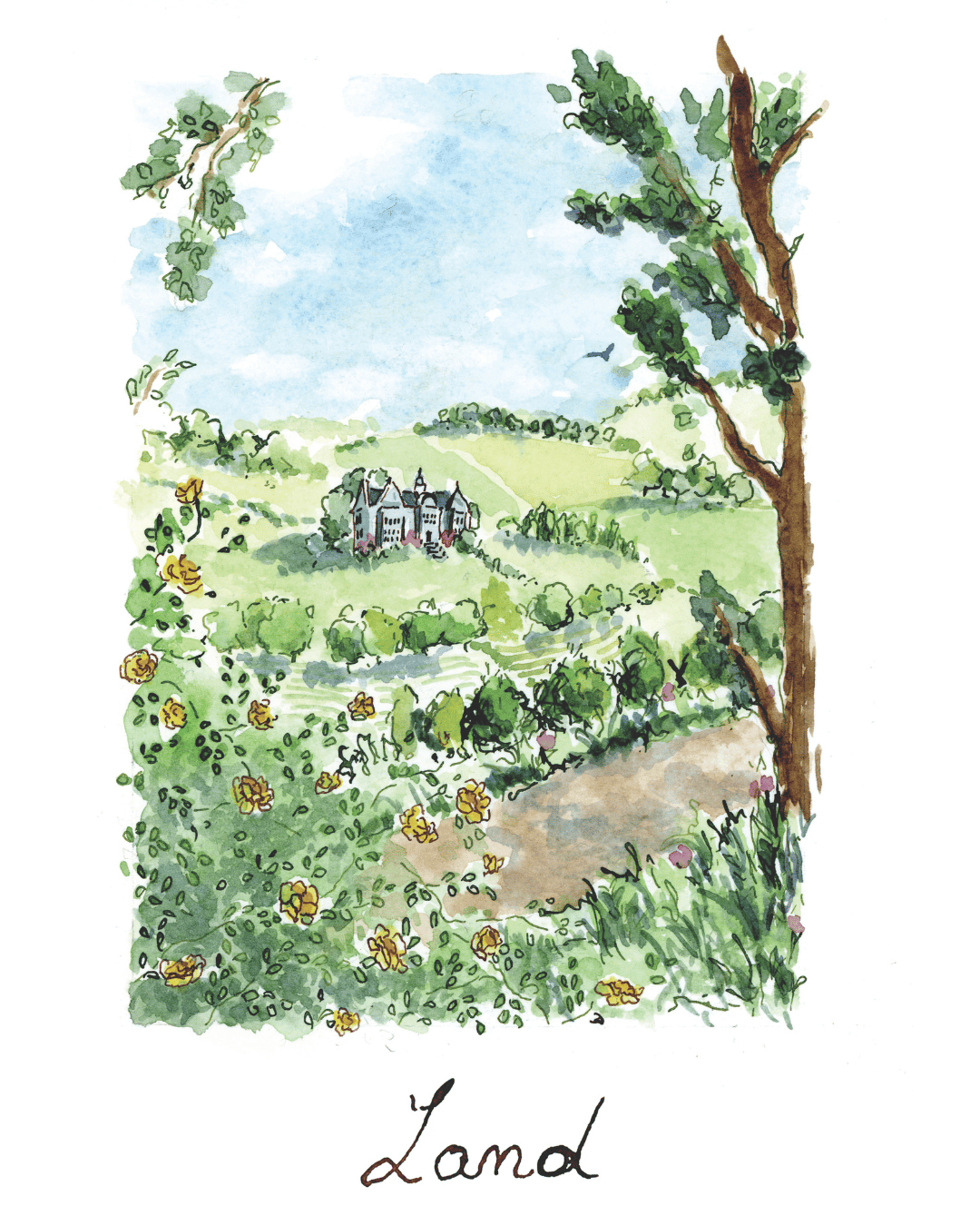 Watercolour illustration of the Land card: a country estate amid green hills, trees and flower gardens, with the word “Land” written below.